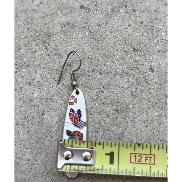 Vintage Enamel Flower & Butterfly Brass Earrings Pierce Dangle Work Gold Tone - Picture 6 of 9